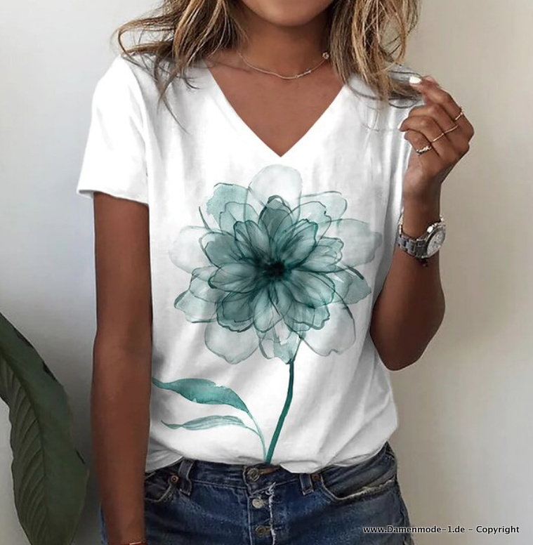 V Ausschnitt Sommer Shirt für Damen mit Grüne Blume