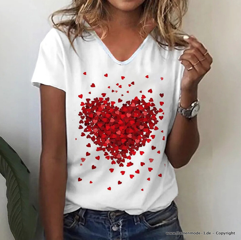 V Ausschnitt Sommer Shirt für Damen mit Rote Herzen