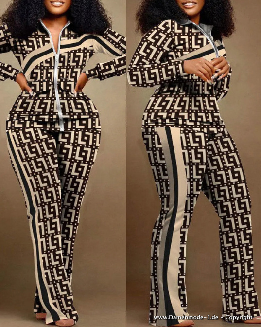 Vintage Print Damen Freizeitanzug mit Zipper Jacke