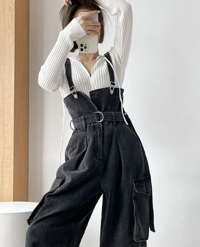 Vintage Style Damen Jeans Latzhose in Schwarz
