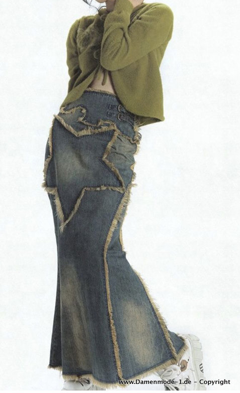 Vintage Style Patchwork Jeans Rock Lang in Blau