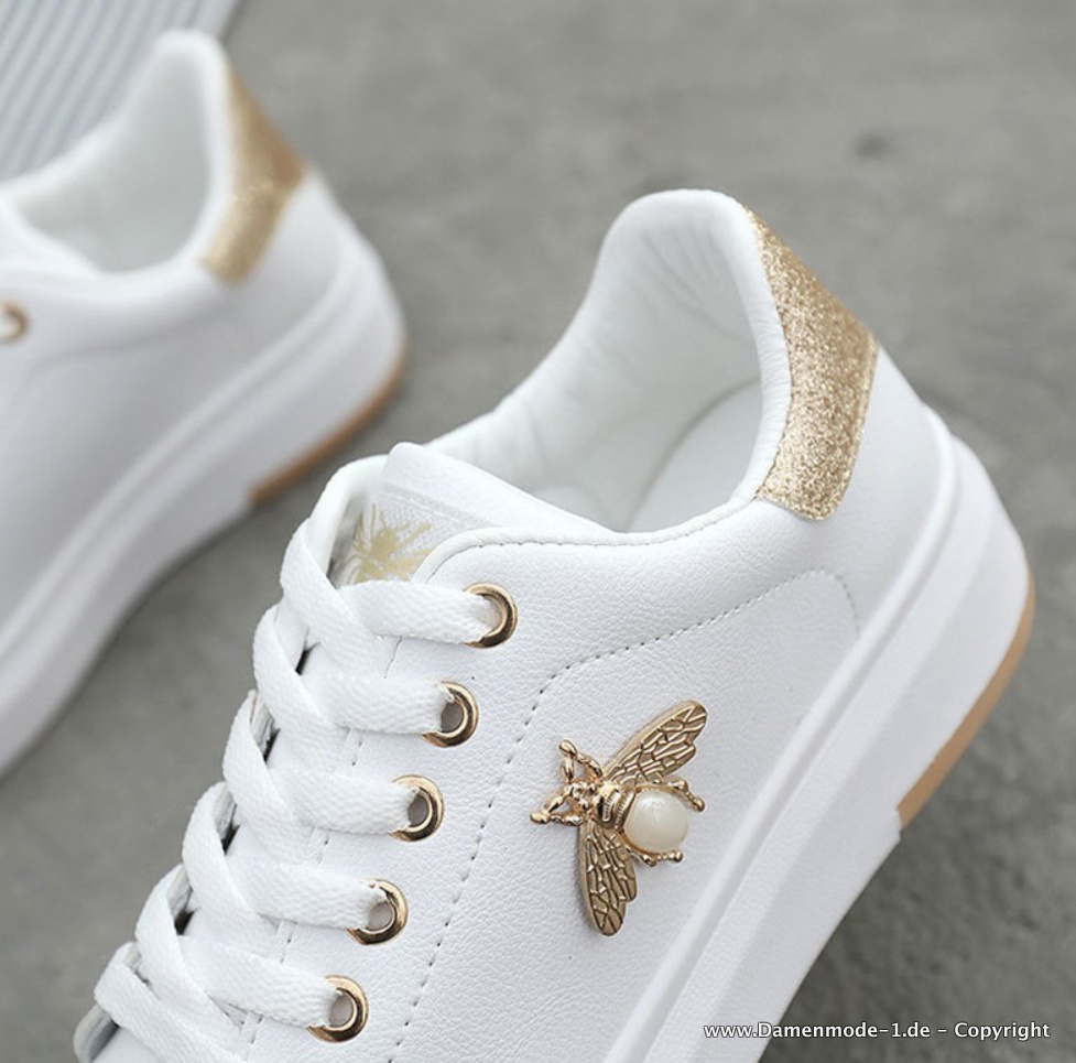 Weiße Sommer Schuhe Turnschuhe für Damen mit Strass Biene in Gold