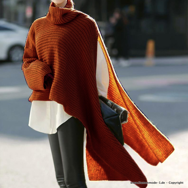 Winter Herbst Streetwear Damen Poncho mit Ein Langarm Bronzebraun
