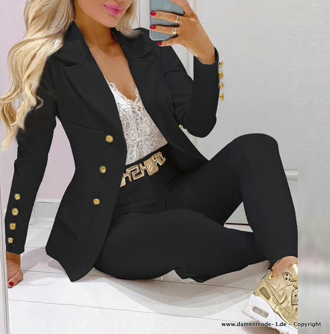 Zweireiher Damen Hosenanzug Elegant in Schwarz mit Goldene Knöpfe
