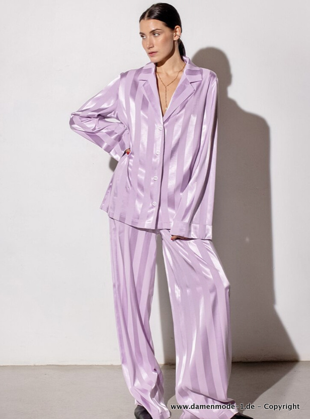 Langarm Schlafanzug Pyjama zum Knöpfen Gestreift in Lavendel