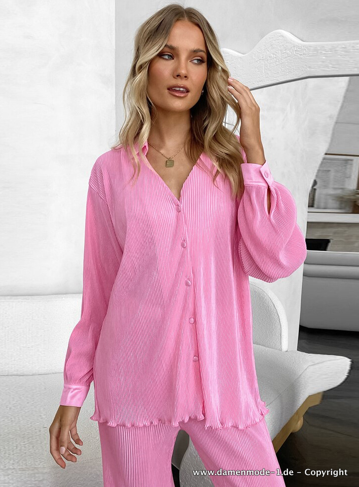 Langarm Plissee Schlafanzug Pyjama in Rosa
