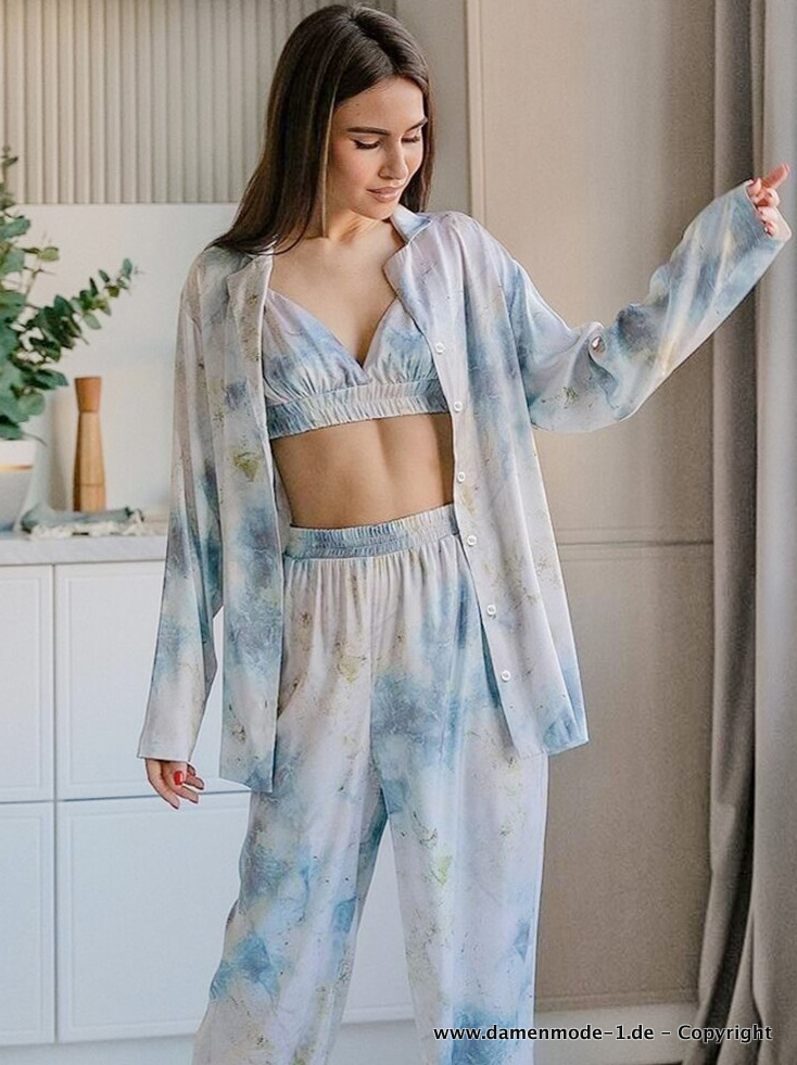 Schlafanzug Pyjama Set 3 Teilig Blau Weiß Patchwork Muster