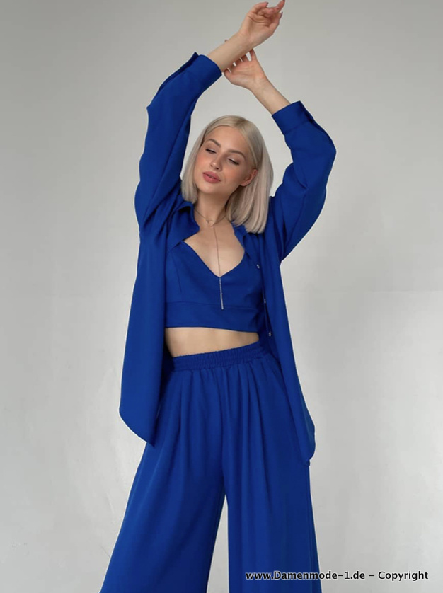 Damen Pyjama Schlafanzug Dreiteilig in Navy Blau