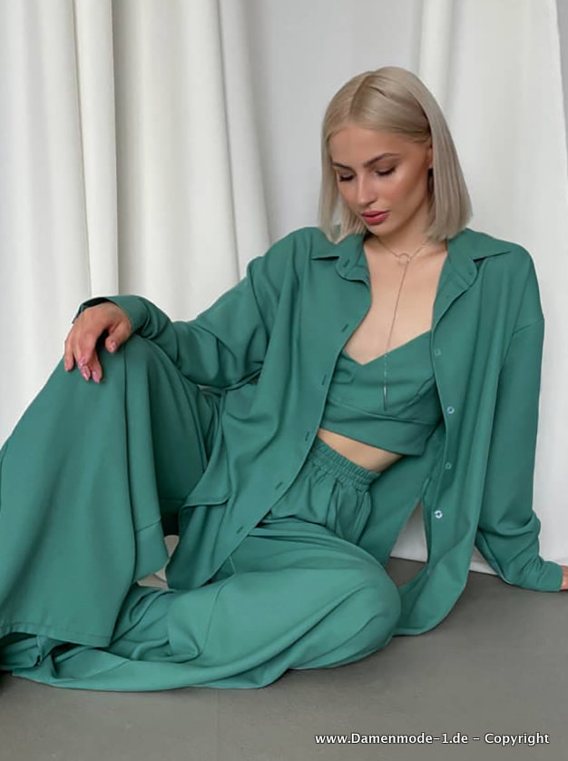 Damen Pyjama Schlafanzug Dreiteilig in Grün
