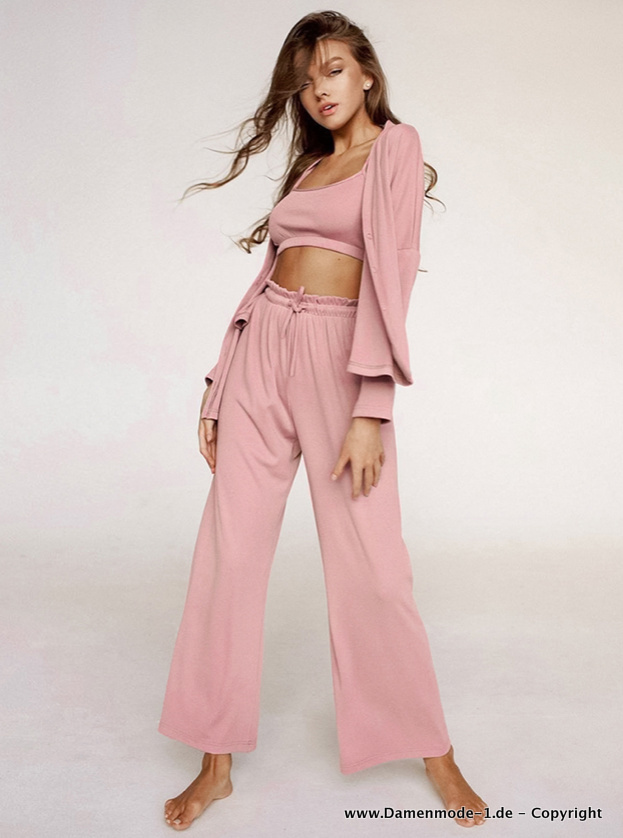 Damen Schlafanzug Pyjama Dreiteilig mit Träger Top in Rosa