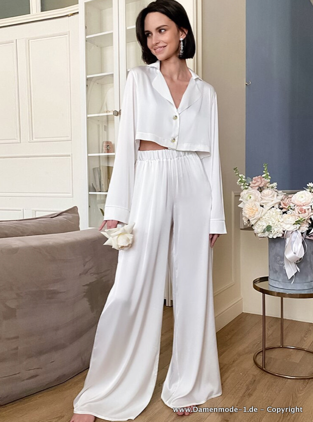 Langarm Satin Schlafanzug Anke Pyjama in Weiß