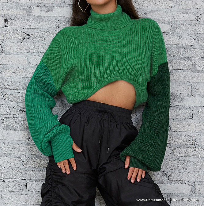 Sexy Crop Damen Pullover in Grün mit Rollkragen