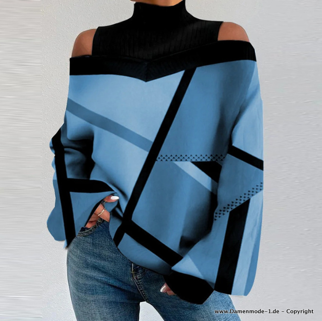Langarm Damen Pullover mit Geo Muster und Sexy Cut Out Schulter in Schwarz Blau