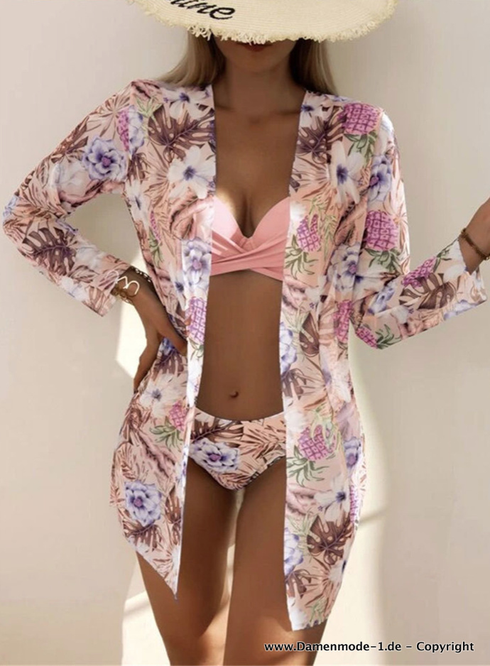 3 Teiliges Beach Outfit Push Up Bikini mit Chiffon Bluse im Set Rosa