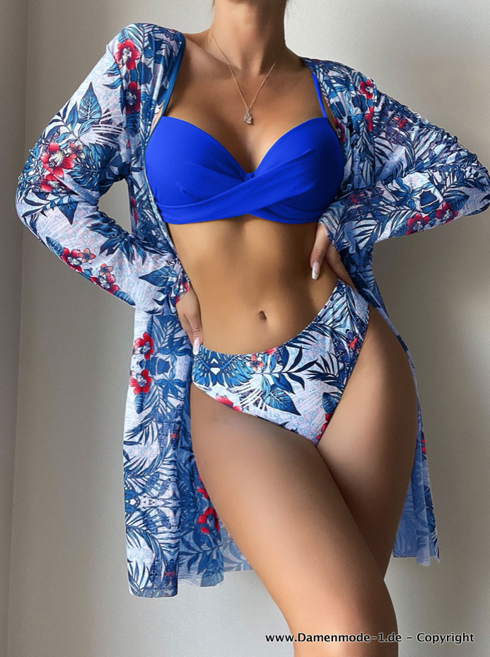 3 Teiliges Beach Outfit Push Up Bikini mit Chiffon Bluse im Set Navyblau