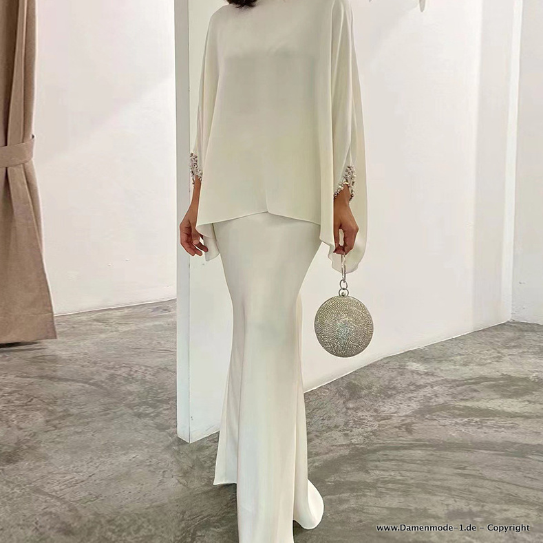 Eleganter Damen Zweiteiler Abend Outfit Lang in Weiß