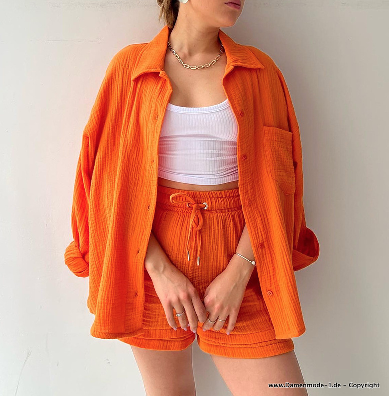 Damen Sommerset Kurze Hose mit Bluse in Orange