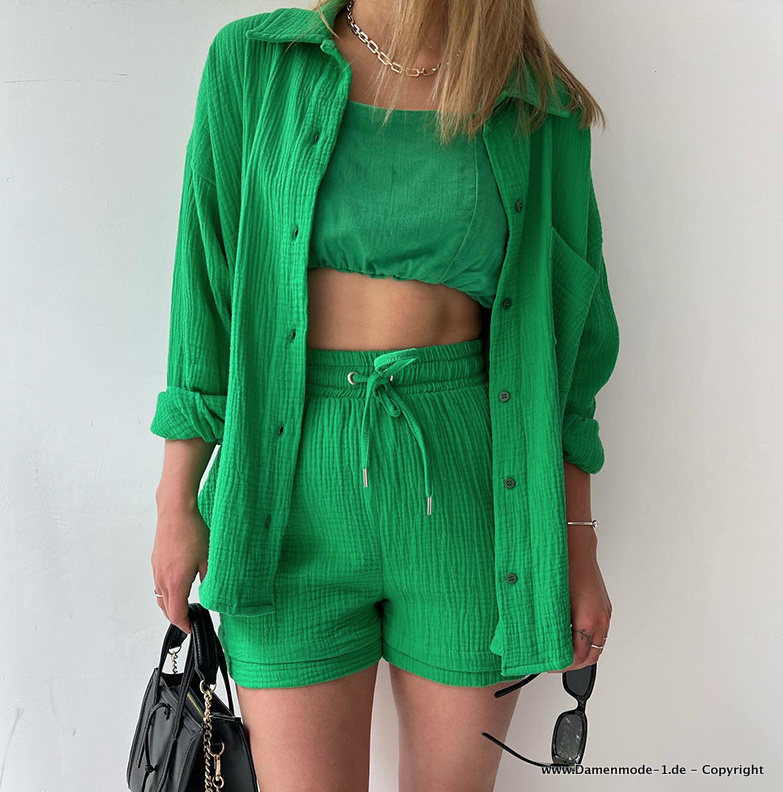 Damen Sommerset Kurze Hose mit Bluse in Grün