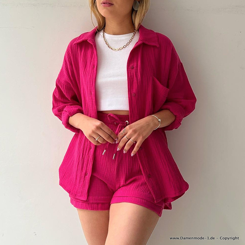 Damen Sommerset Kurze Hose mit Bluse in Pink