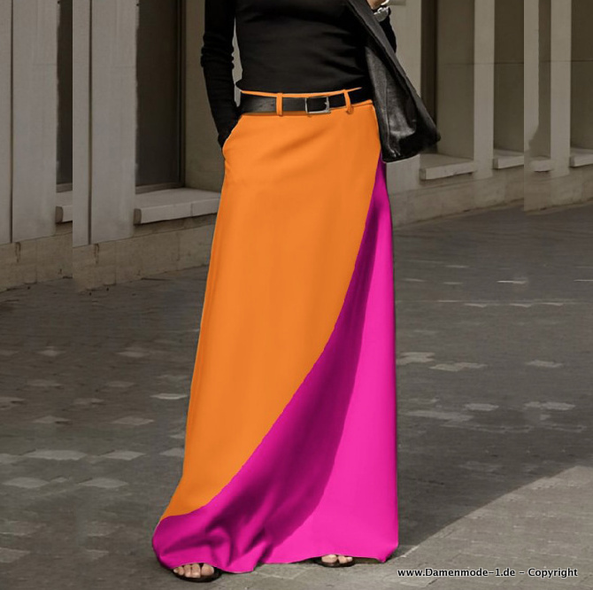 A-Linie Satin Color Block Patchwork Maxi Rock Lang in Orange Pink