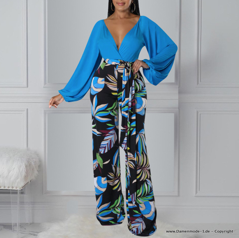 Damen Outfit Zweiteiler Elegant Bluse mit Hose im Set Blau