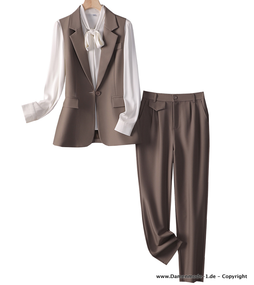 Damen Business Outfit Elegant Dreiteilig Hose - Weste mit Bluse im Set