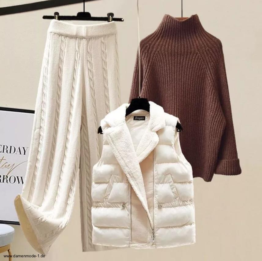  Damen Herbst Winter Outfit Hose Pullover und Weste im Set Weiß Braun