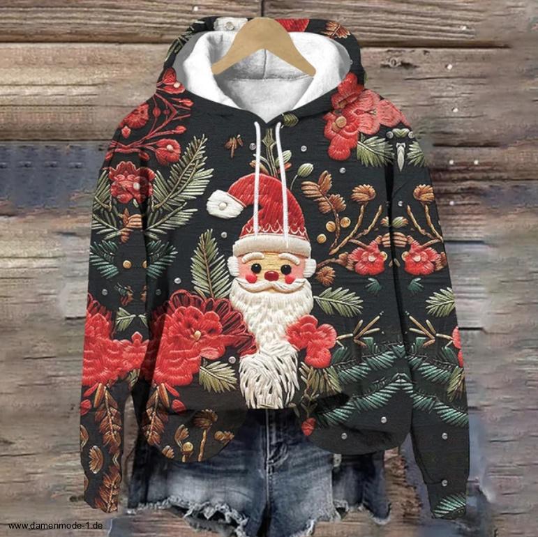 Baumwoll Weihnachts Hoodie für Damen Schwarz Rot mit Nikolaus