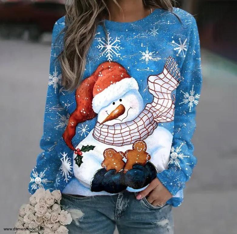 Damen Weihnachtspullover Sweater Hellblau Motive 02