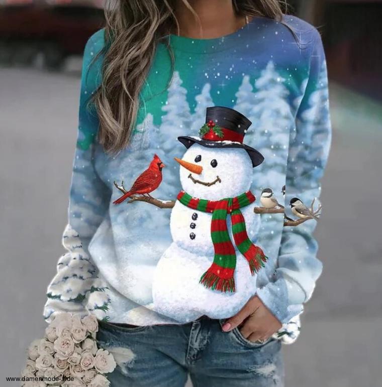 Damen Weihnachtspullover Sweater Blau Grün Motive 04