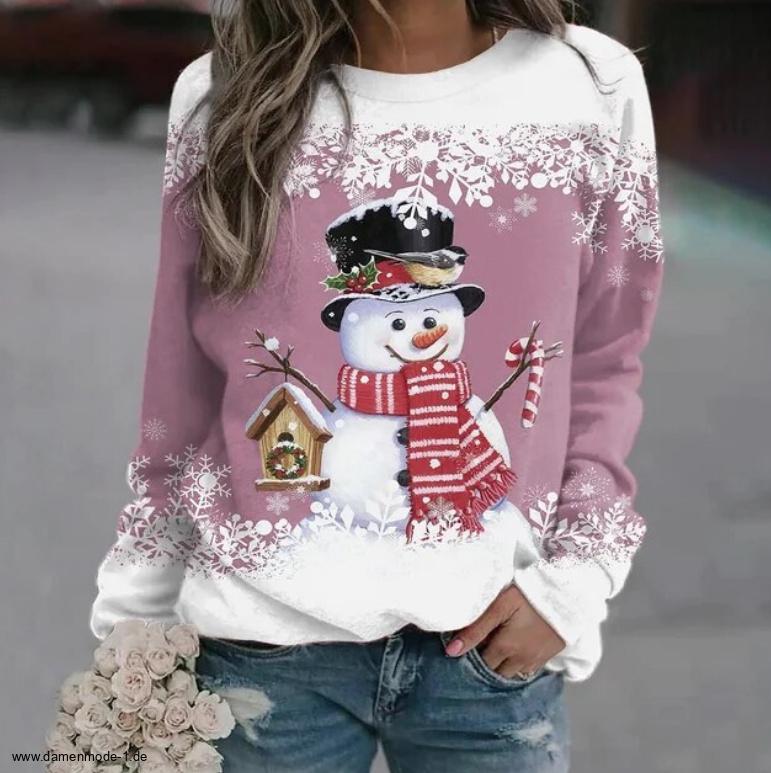 Damen Weihnachtspullover Sweater Rosa Weiß Motive 05