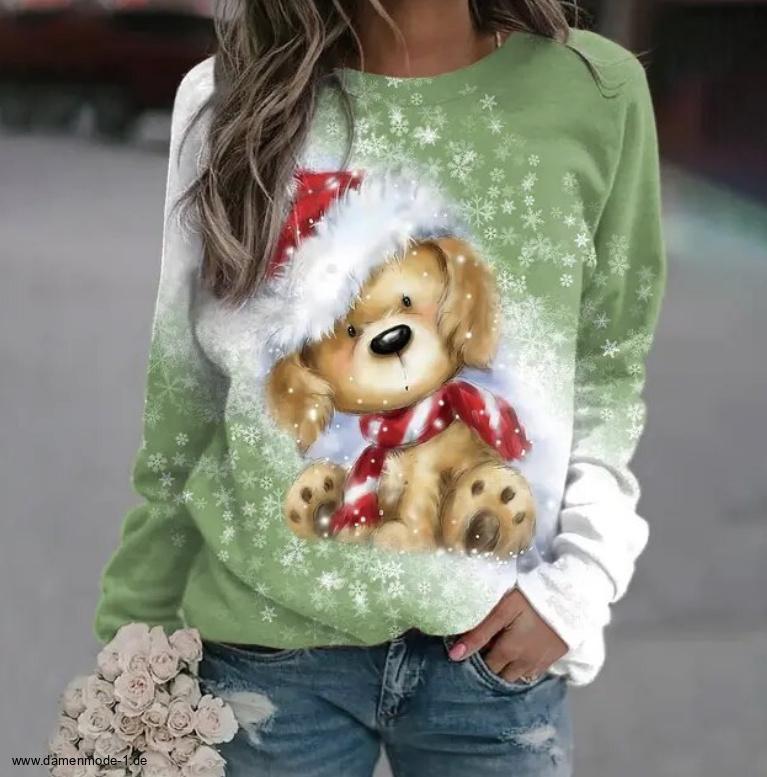 Damen Weihnachtspullover Sweater Hellgrün Motive 06