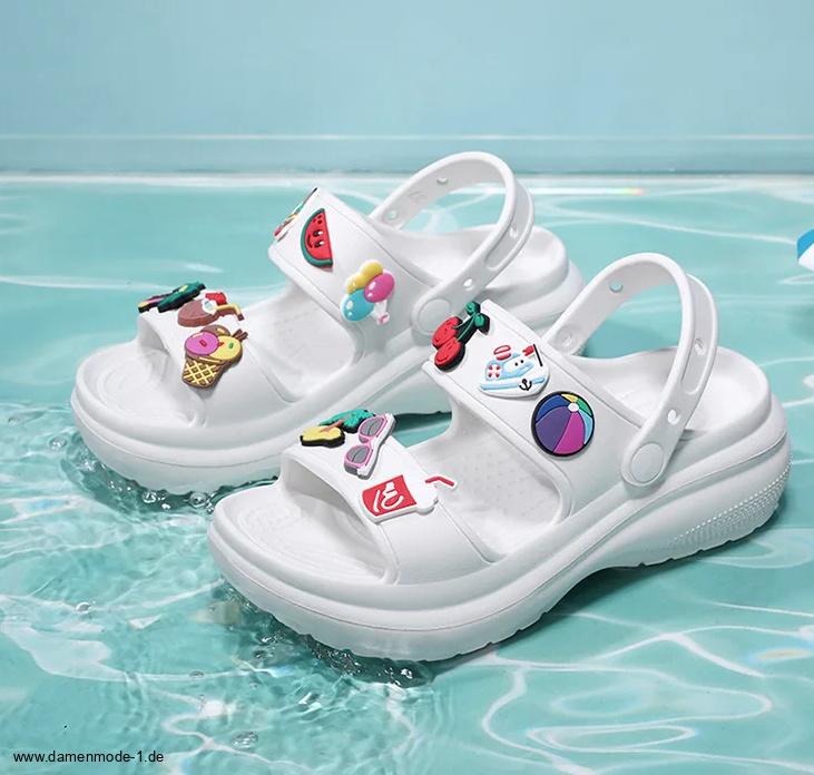 Damen Clogs Style Outdoor Beach Peep Toe Sommer Schuhe in Weiß mit Riemen