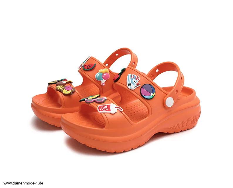 Damen Clogs Style Outdoor Beach Peep Toe Sommer Schuhe in Orange mit Riemen