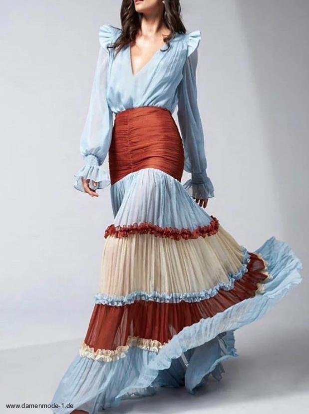 Elegantes Langarm Vintage Style Boho Kleid Lang Multicolor
