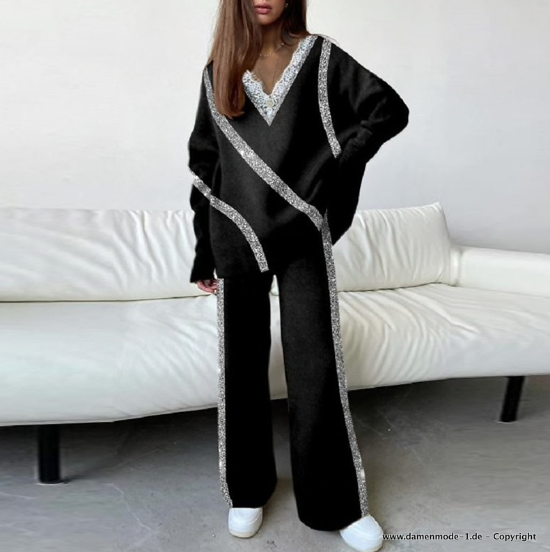 Patchwork Damen Hausanzug Freizeitanzug in Schwarz mit Pailletten