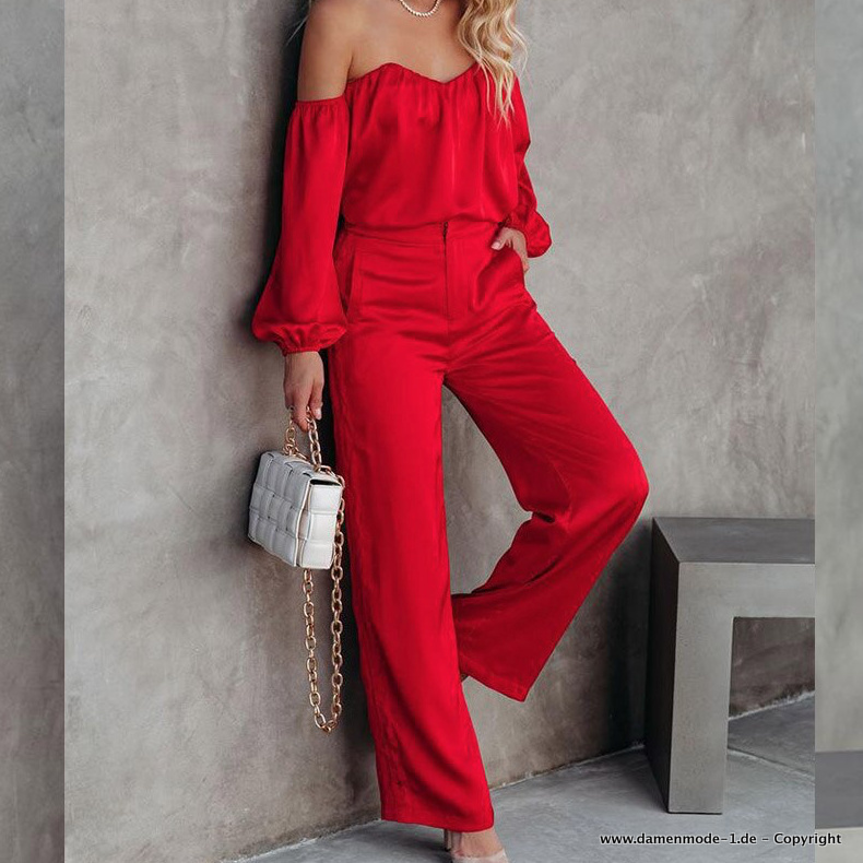 Schulterfreies Abendoutfit in Rot Bluse mit Hose im Set