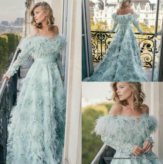 Schulterfreies Langarm Abendkleid Elegant mit Blumen Applikationen Hellblau
