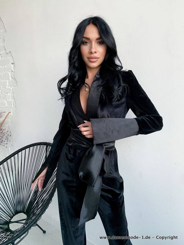 Sexy Samt Hosenanzug in Schwarz