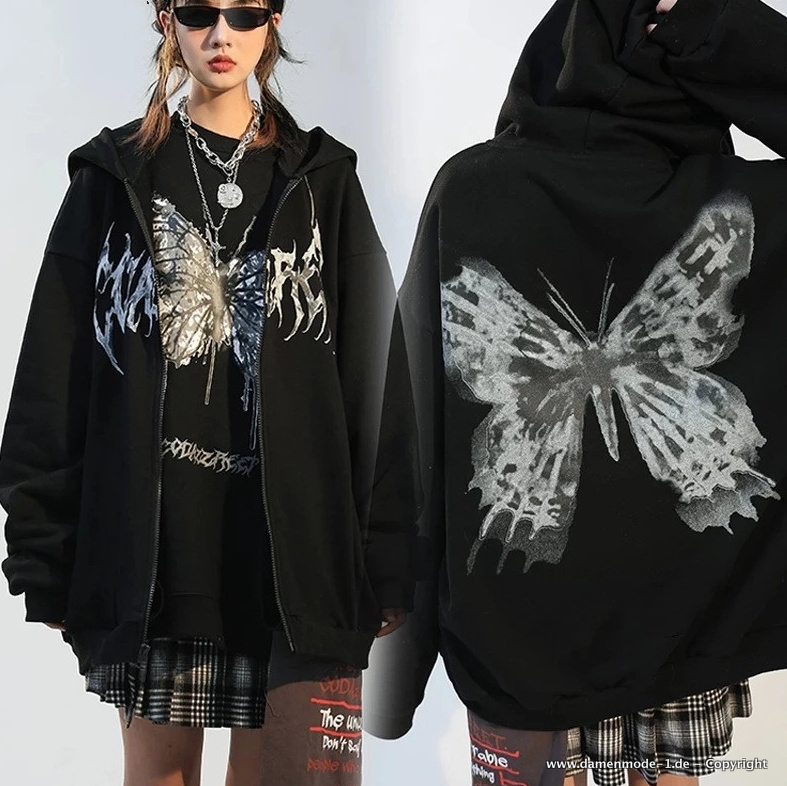 Oversize Zipper Hoodie Pullover mit Schmetterling Print