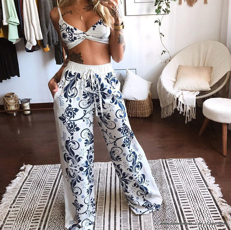 Boho Print Zweiteiler Sommeroutfit Hose mit Crop Top im Set