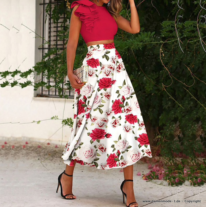 Sommer Set Outfit in Rot mit Blumenmuster