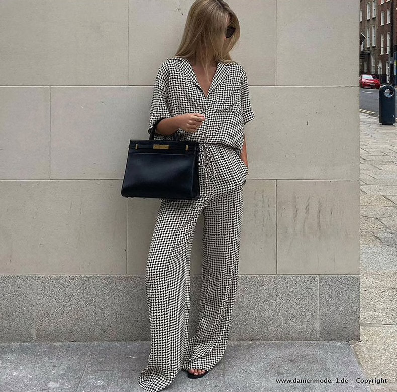Damenoutfit Zweiteiler Hose mit Bluse Schwarz Kariert