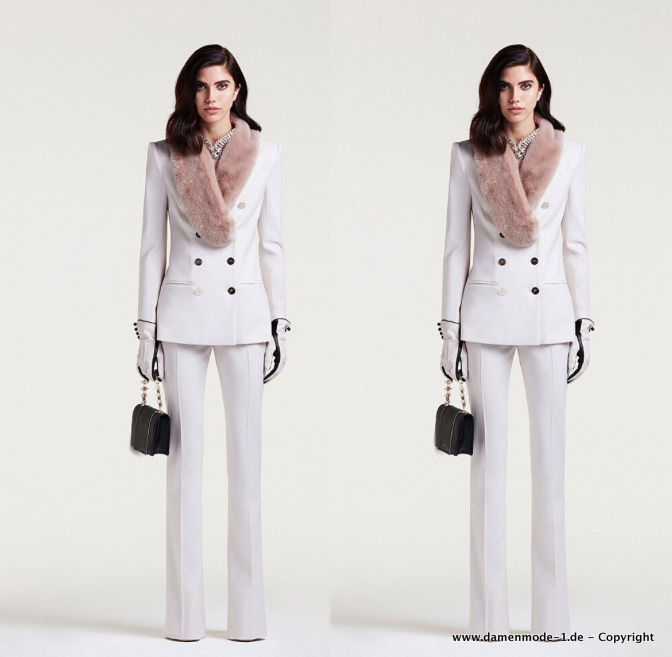 Warmer Winter Hosenanzug Elegant in Weiß mit Kunstpelzkragen