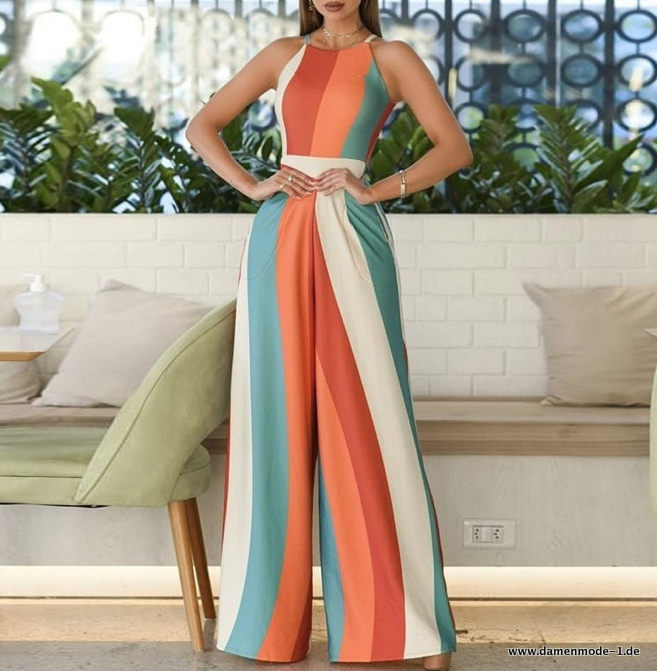 Colorblock Jumpsuit Einteiler in Vintage Style Gestreift Lang