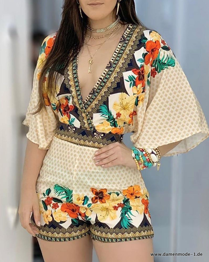 Kurzer Sommer Jumpsuit Einteiler mit Vintage Blumen Beige