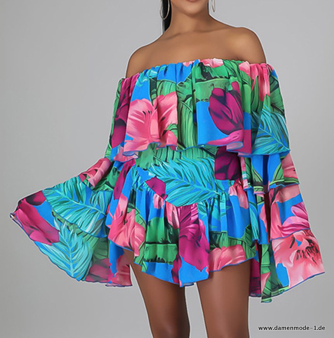 Chiffon Sommer Jumpsuit Einterler Schulterfrei mit Blumen Blau