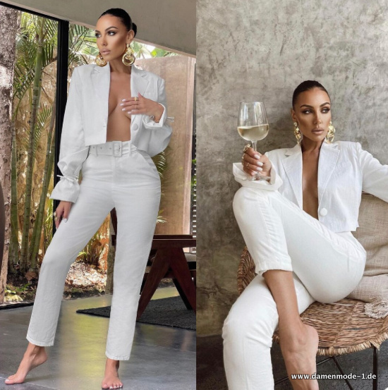 Damen Hosenanzug Elegant in Weiß mit Kurzer Blazer