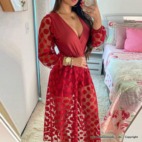 Eleganter Jumpsuit Einteiler Lang in Rot Gepunktet
