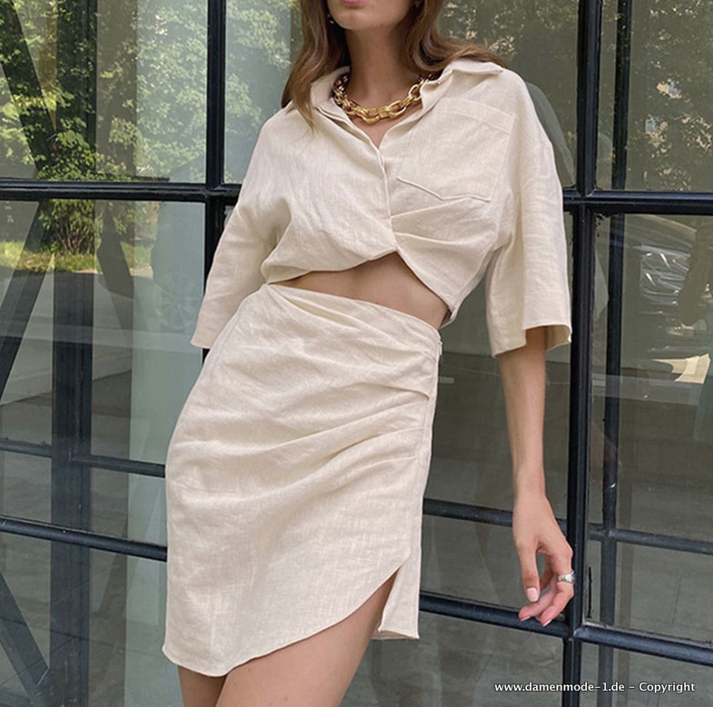Baumwoll Sommeroutfit Zweiteiler in Elfenbein Rock mit Bluse im Set